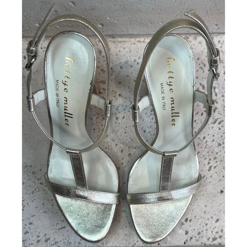 Bettye Muller Gold Leather T-Strap Wooden Platform Sandals Size EU 37 US 6.5